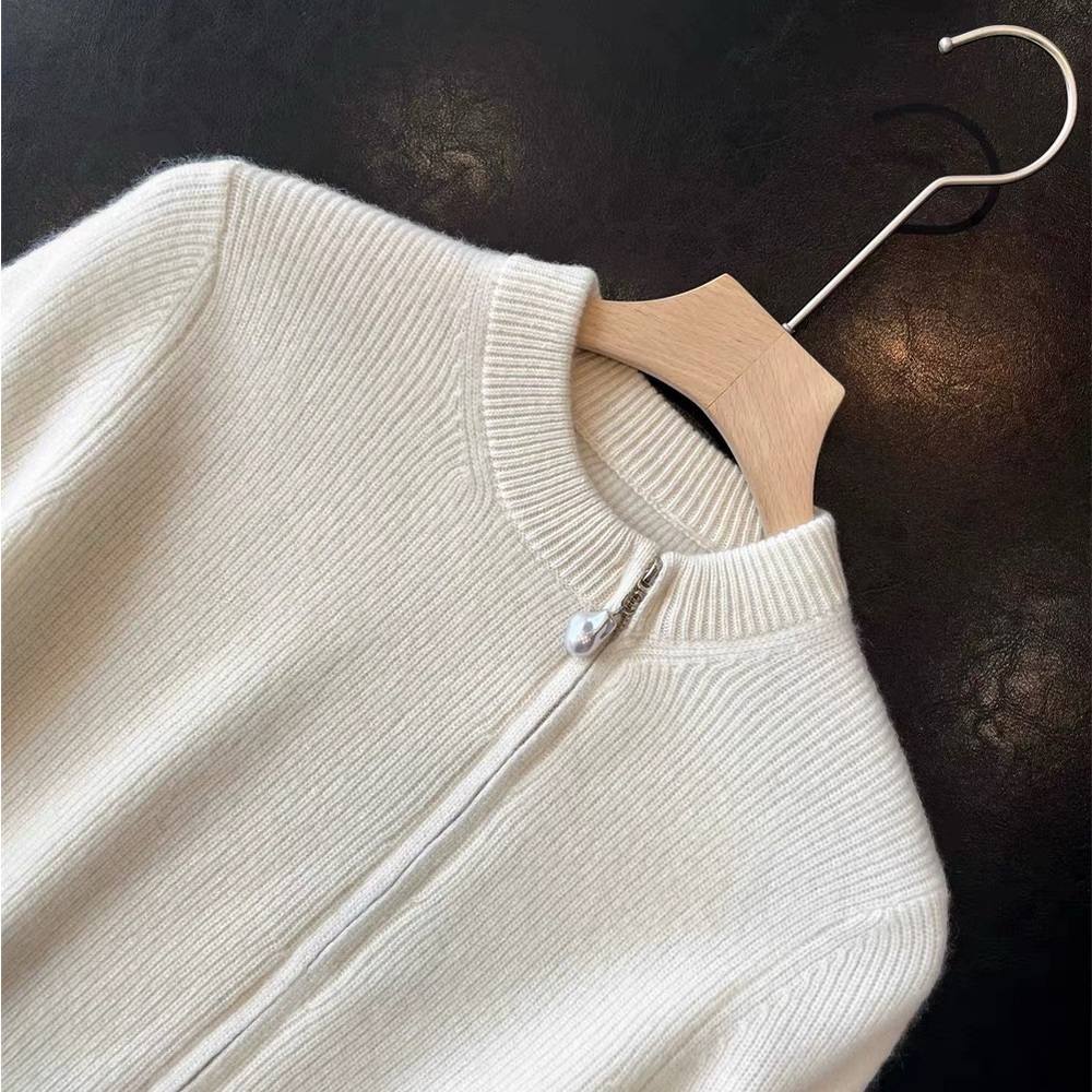 Cream Ribbed Zip-Front Knit Sweater - Picture 5 of 6